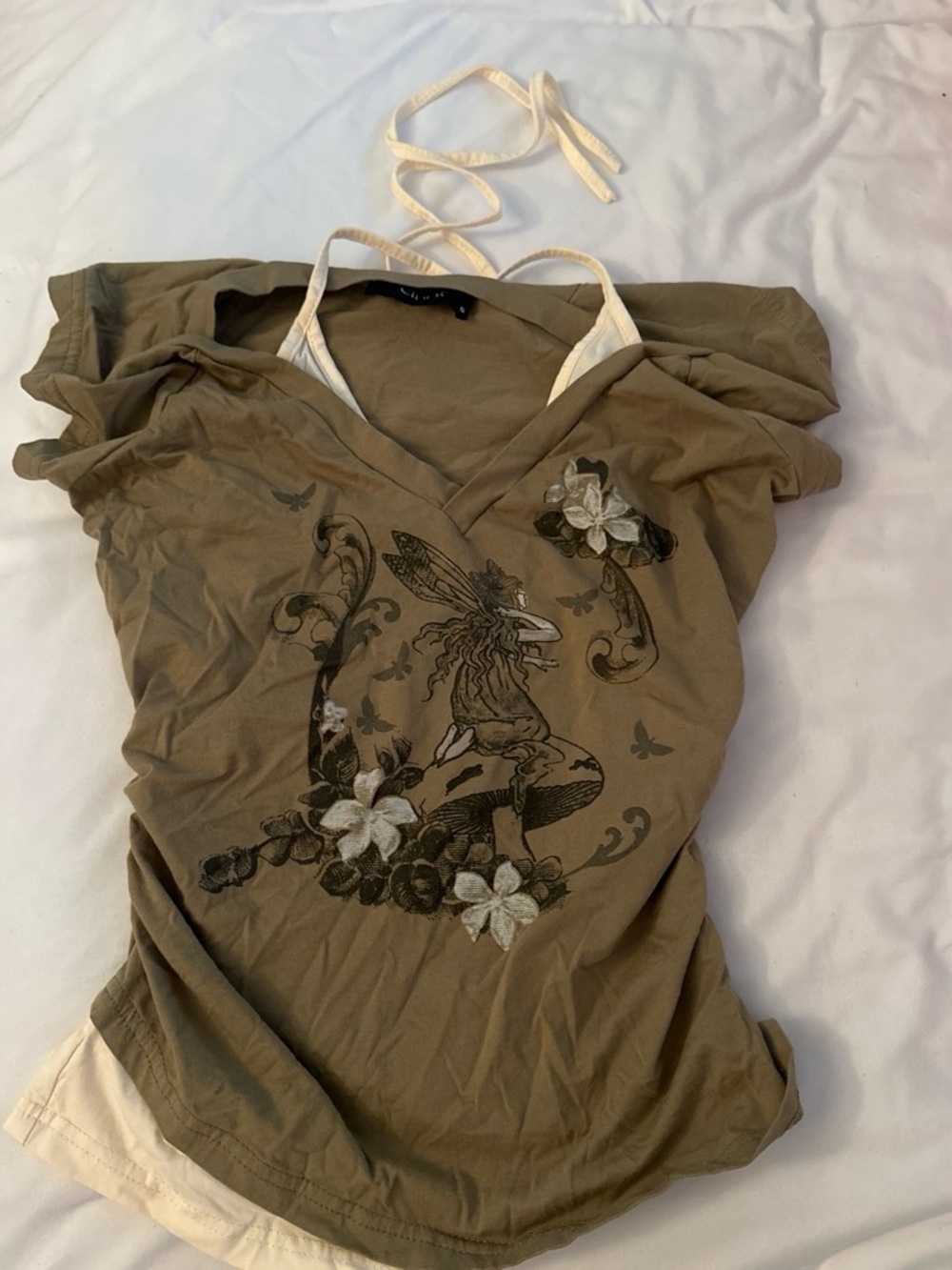 Cider Olive Green Layered V-Neck Graphic Tee with Cream Halter